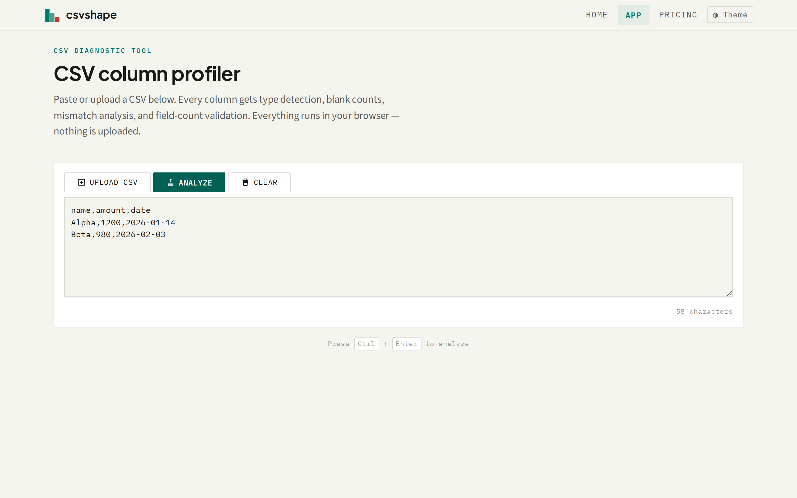 Screenshot of the csvshape web interface showing the 'CSV column profiler' page. A white input box contains sample CSV data with columns name, amount, date. Above the text area are Upload CSV, Analyze, and Clear buttons. The page header shows the logo and navigation links for Home, App, Pricing, and a Theme toggle.